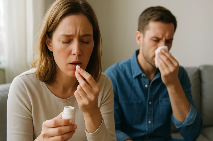 Egy nő loratadint szed, miközben férje orrfolyással küzd