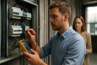 Egy férfi vezérelt áramkör működését vizsgálja.