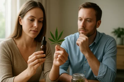 Nő kenderfű olajat vizsgál, férfi figyelmesen nézi