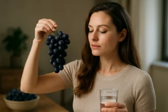Nő kék szőlőt tart a kezében, egészséges életmódra utal.