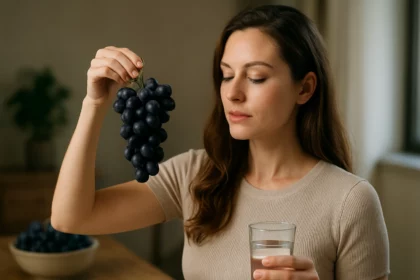 Nő kék szőlőt tart a kezében, egészséges életmódra utal.