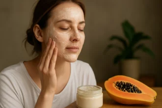 Nő bőrápolás papainnal, arcpakolás és papaya gyümölcs mellett.