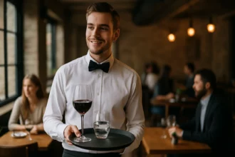 Fiatal pincér elegáns öltönyben, tálcán borral és vízzel.