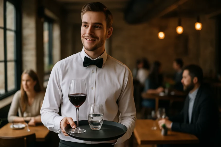 Fiatal pincér elegáns öltönyben, tálcán borral és vízzel.