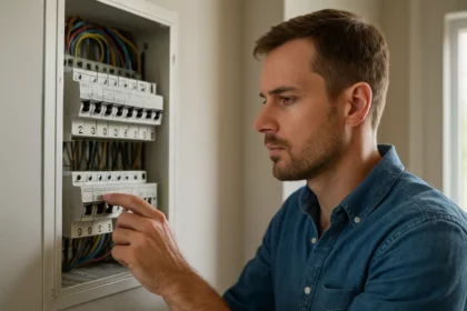 Férfi a kismegszakító panelnél, az elektromos hálózat védelmének biztosítása érdekében.