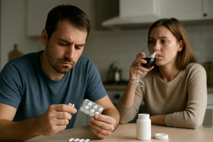 Férfi gyógyszert néz, miközben nő vörösbort iszik.