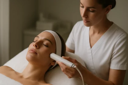 Tű nélküli mezoterápia bőrfiatalításhoz szépészeti kezelés során.