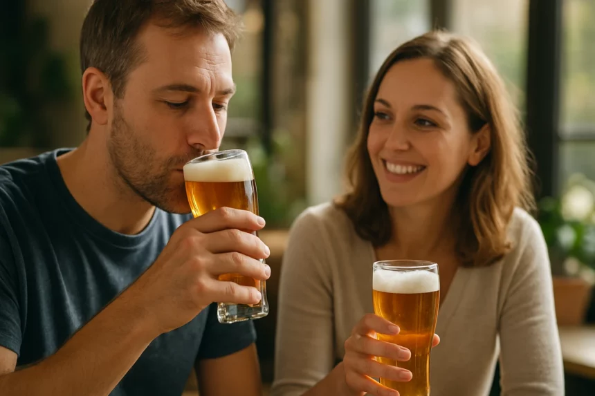 Két ember sört iszik egy baráti találkozón.