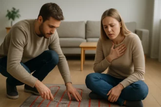 Egy férfi elektromos padlófűtést telepít, míg nő allergiás reakciót tapasztal.