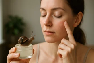 Nő csigagéllel a bőrápolásban, bőrváltozás javítása érdekében.