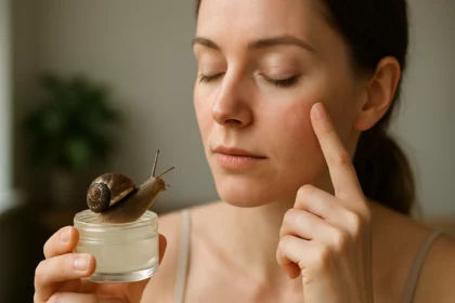 Nő csigagéllel a bőrápolásban, bőrváltozás javítása érdekében.