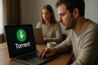 Férfi torrent letöltést végez egy laptopon