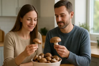 Két ember gombát néz egy tálban, ami az egészséget támogatja.