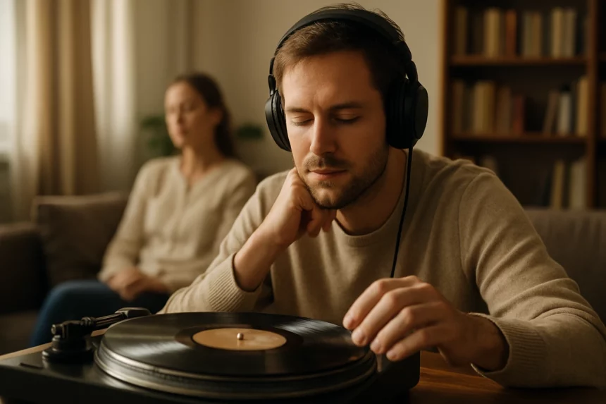 Férfi lemezjátszót használ, klasszikus zenehallgatás közben.