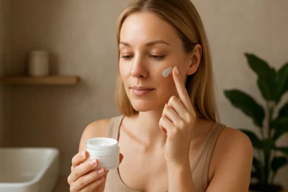 Nő bőrápolás közben tögykrémmel az arcbőrén.