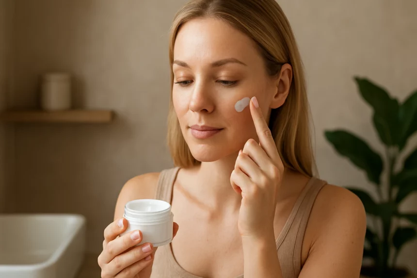 Nő bőrápolás közben tögykrémmel az arcbőrén.