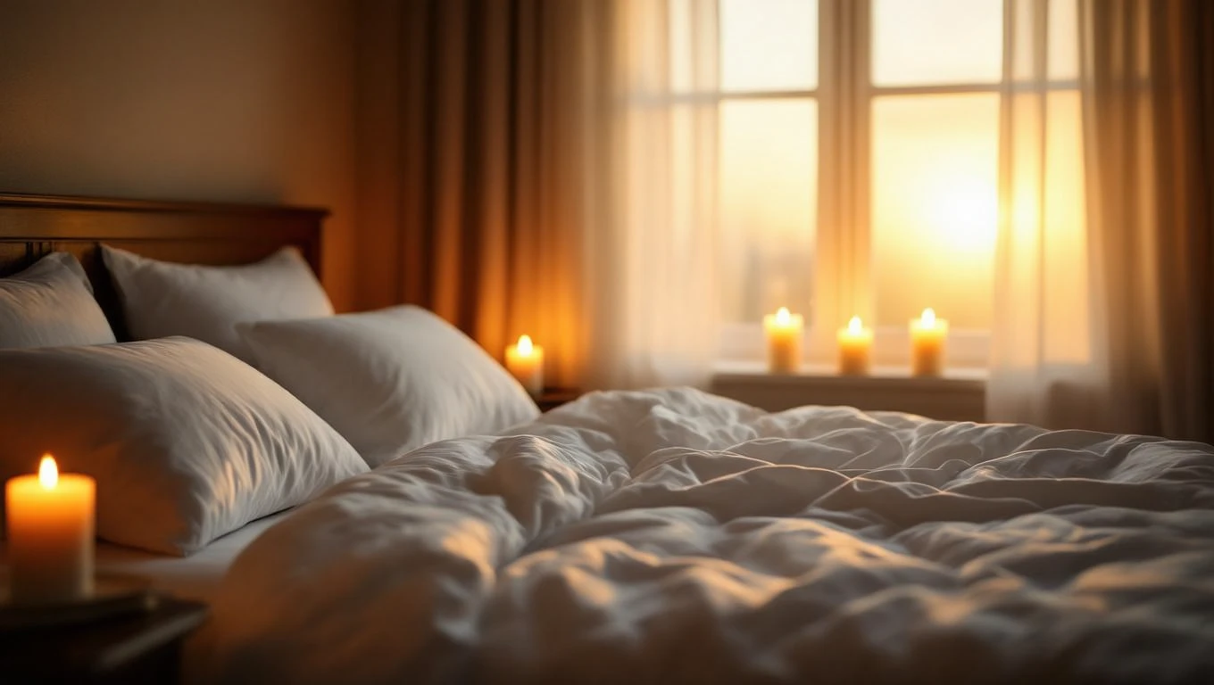 Egy kényelmes ágy puha párnákkal és takaróval, gyertyafényben, naplemente háttérrel.