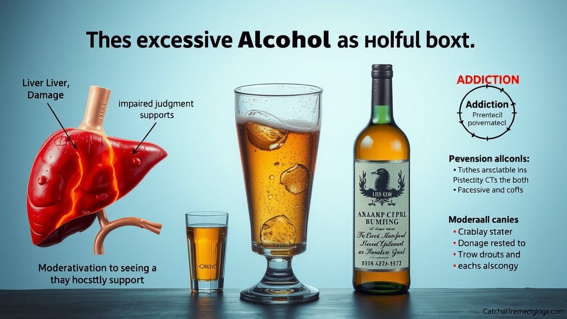 Az alkohol káros hatásait bemutató illusztráció: májkárosodás, függőség.