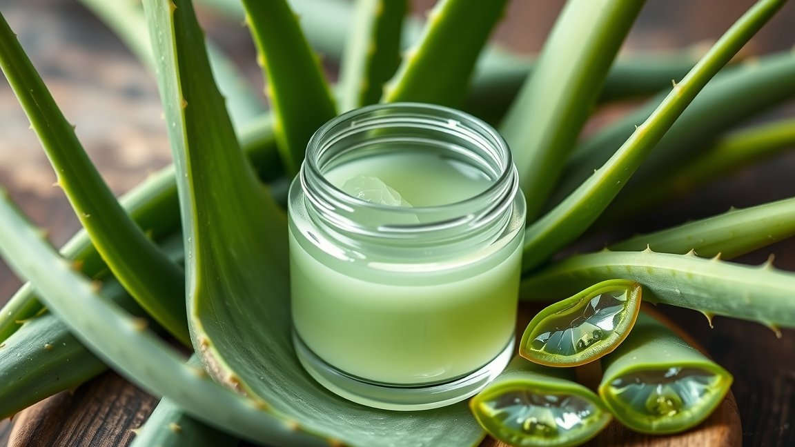 Aloe vera gél egy üvegben, friss aloe vera levelekkel körülvéve.