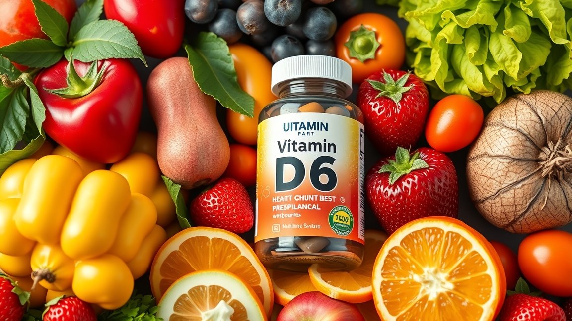 D6-vitamin kapszulák friss gyümölcsök és zöldségek között.