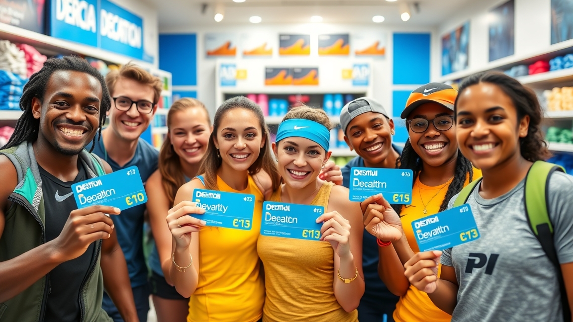 Decathlon hűségkártyát tartó sportolók mosolyognak a boltban.