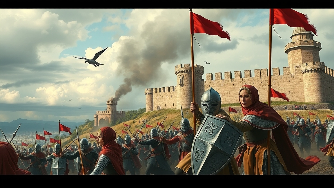 Egy egri nő harcosokkal a várvédelmi csatában, zászlókkal a kezében.