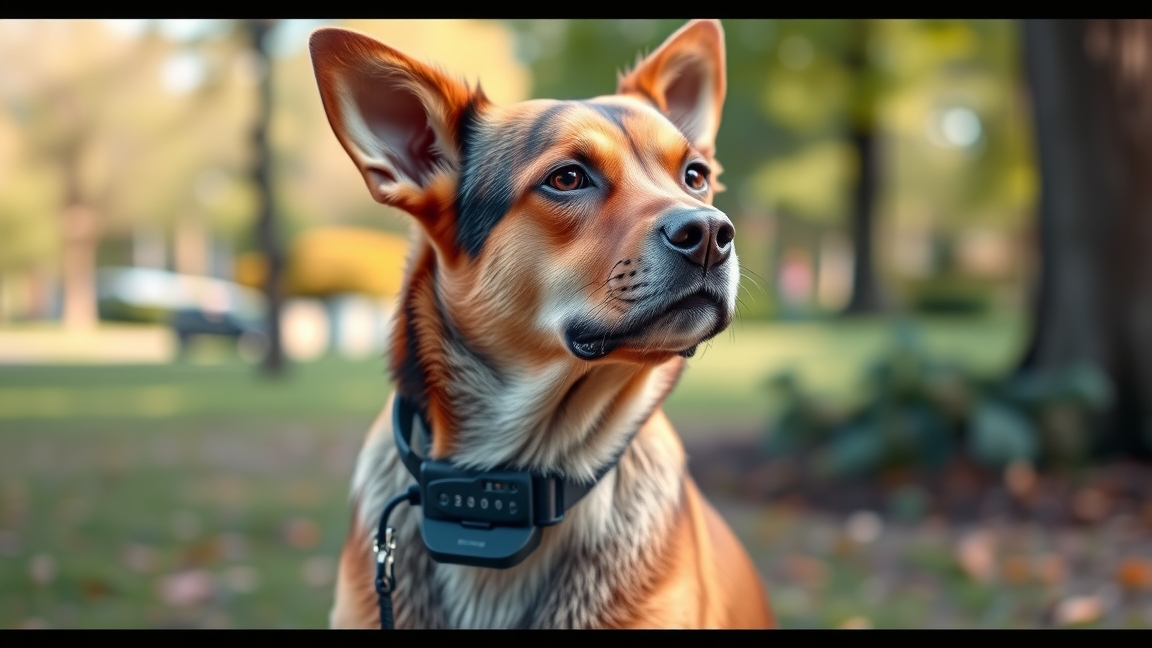 Egy kutya elektromos nyakörvvel, figyelmes arccal a parkban.