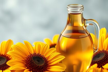 Sáfrányolaj üveg, napraforgók között