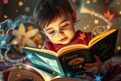 Kisgyerek mesét olvas, a fejlődés és érzelmek világában.