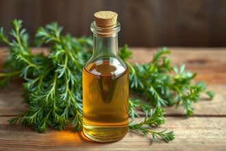 Kaporolaj üvegpalack friss kaporral a faasztalon