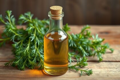 Kaporolaj üvegpalack friss kaporral a faasztalon