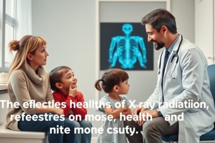 Egy gyermek és szülei konzultálnak orvossal röntgensugárzás hatásairól.