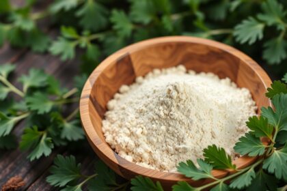 Összetevő lucerna por természetes tápláló anyagokkal, friss fűszernövények között