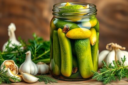 Kovászos uborka fokhagymás fűszerekkel befőtt üvegben.