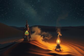 Varázslatos dzsinn lámpák a sivatagban, csillagos ég alatt.