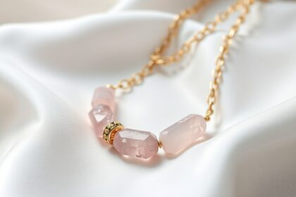 Rózsakvarc nyaklánc arany lánccal, amely energetikai feltöltődést kínál.
