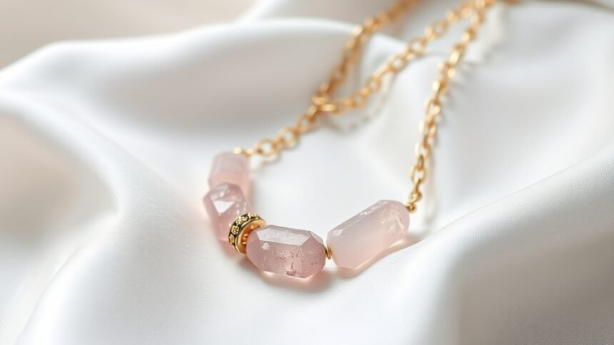 Rózsakvarc nyaklánc arany lánccal, amely energetikai feltöltődést kínál.