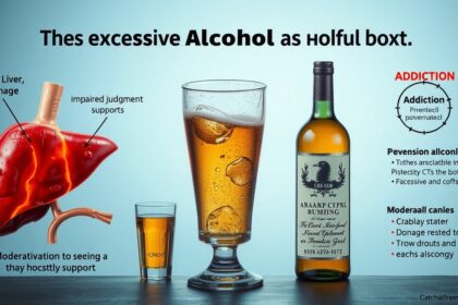 Az alkohol káros hatásait bemutató illusztráció: májkárosodás, függőség.