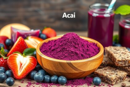 Acai por egy fából készült tálban, friss gyümölcsökkel és édességekkel körülvéve.