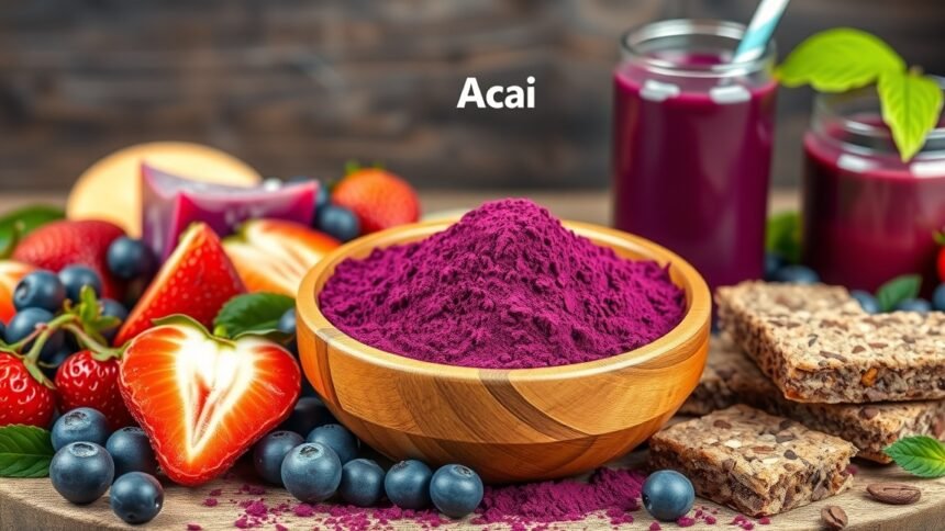Acai por egy fából készült tálban, friss gyümölcsökkel és édességekkel körülvéve.