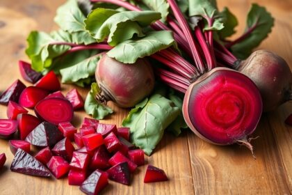 Friss cékla és felkockázott részei egy fából készült asztalon