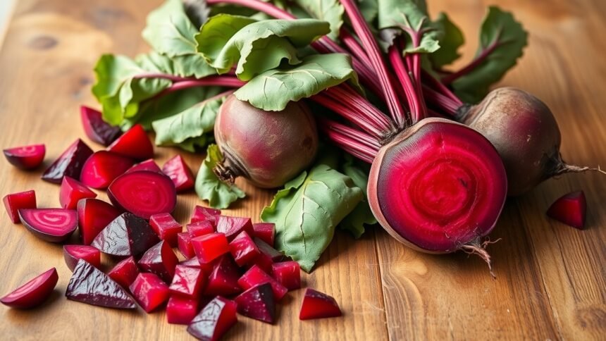 Friss cékla és felkockázott részei egy fából készült asztalon