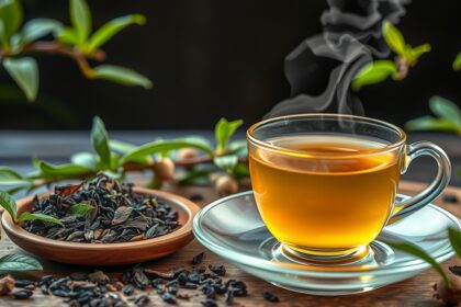 Friss luobuma tea, gyógynövényekkel körülvéve, nyugtató hatású