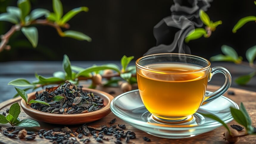 Friss luobuma tea, gyógynövényekkel körülvéve, nyugtató hatású