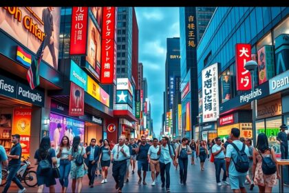 Zsúfolt városi utca különböző kultúrákkal és hirdetésekkel