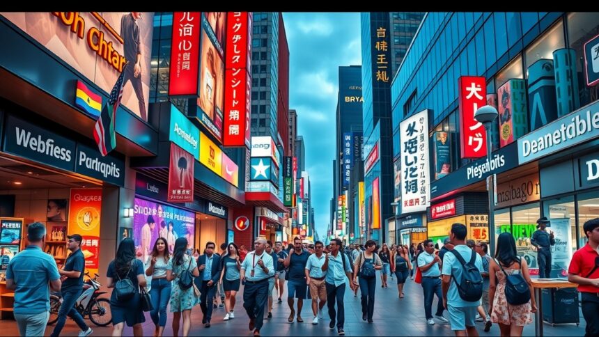 Zsúfolt városi utca különböző kultúrákkal és hirdetésekkel