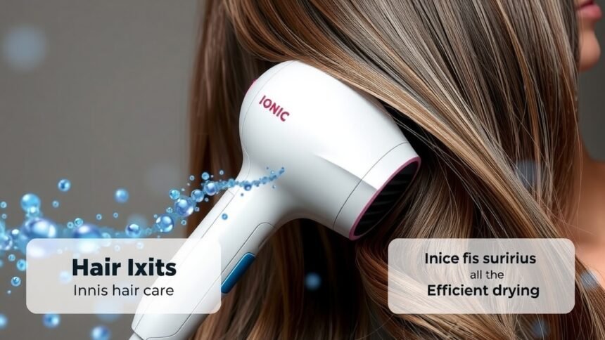 Ionos hajszárító működés közben, sima és fényes hajjal