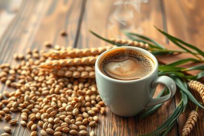 Gabonakávé ínycsiklandó csésze mellett búza és magvak.