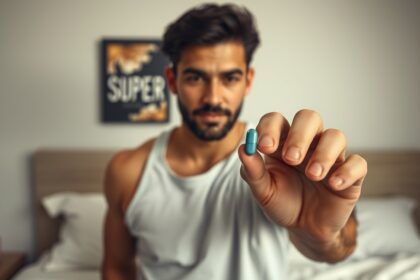 Férfi Kamagra Super tablettát mutat a kézben