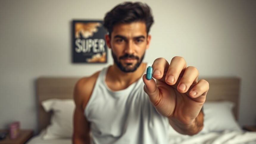 Férfi Kamagra Super tablettát mutat a kézben